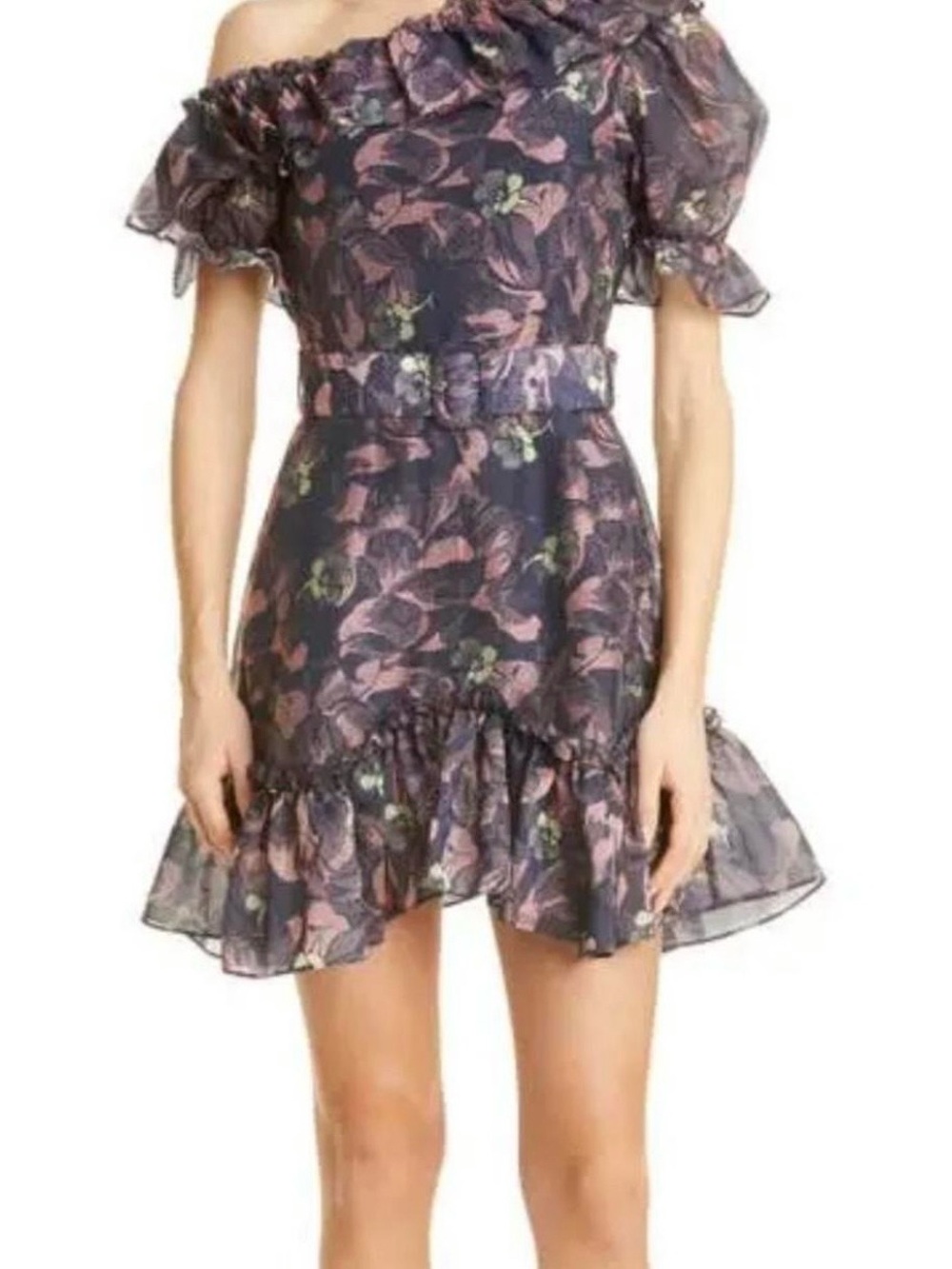 Ted Baker One-Shoulder Floral Ruffle Mini Dress in Navy and Pink